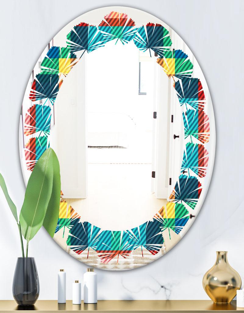 DesignQ Tartan Geometrical Texture III - Modern Round Or Oval Wall Mirror - Leaves