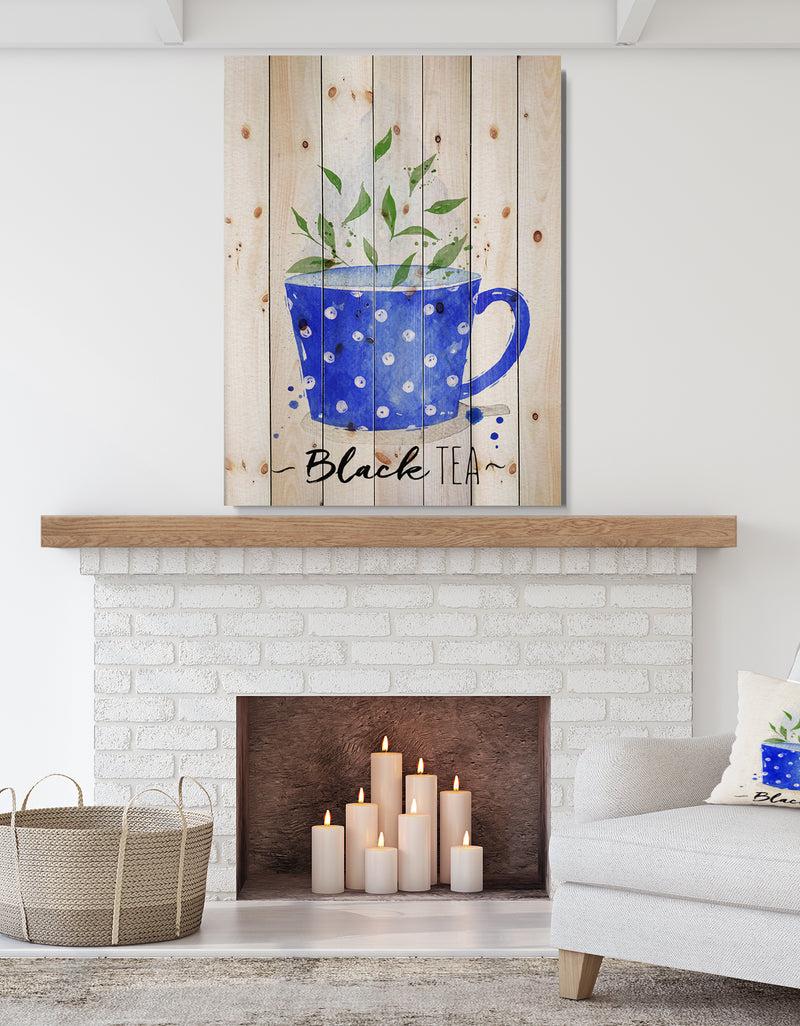 DesignQ Teacup black tea - Food Painting Print on Natural Pine Wood