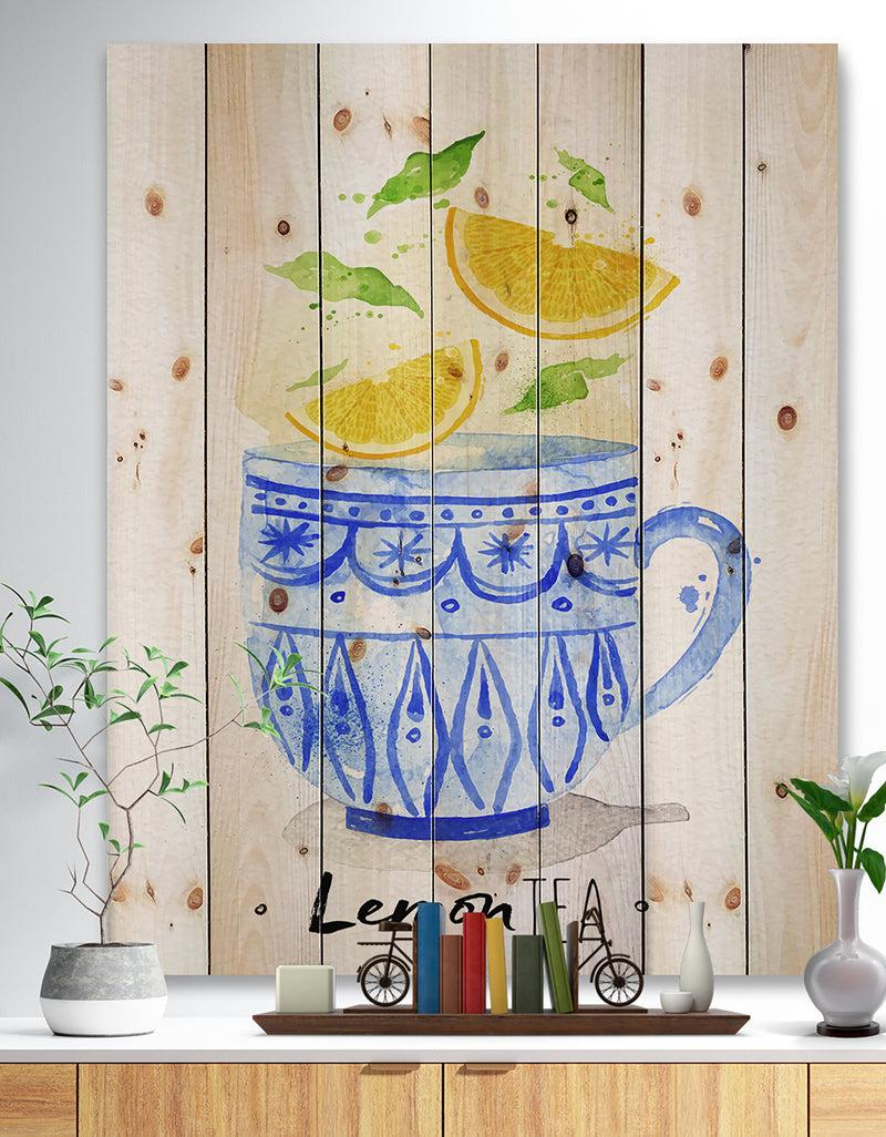 DesignQ Teacup lemon tea - Food Painting Print on Natural Pine Wood