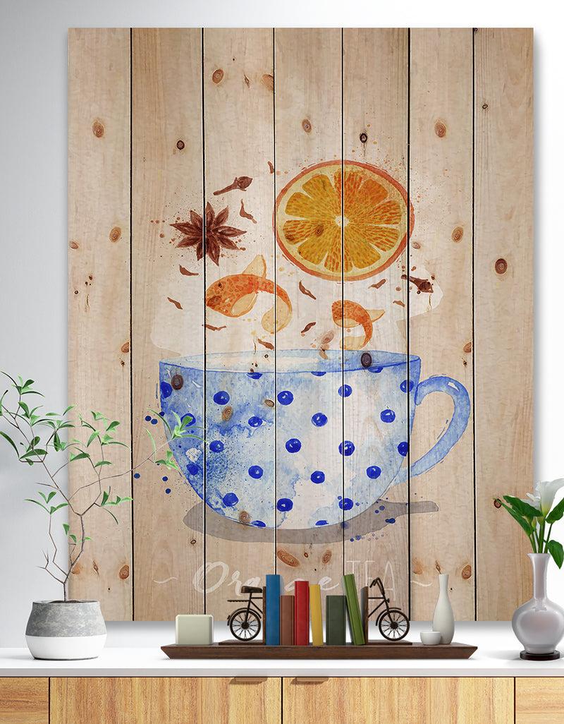 DesignQ Teacup orange tea kraft - Food Painting Print on Natural Pine Wood