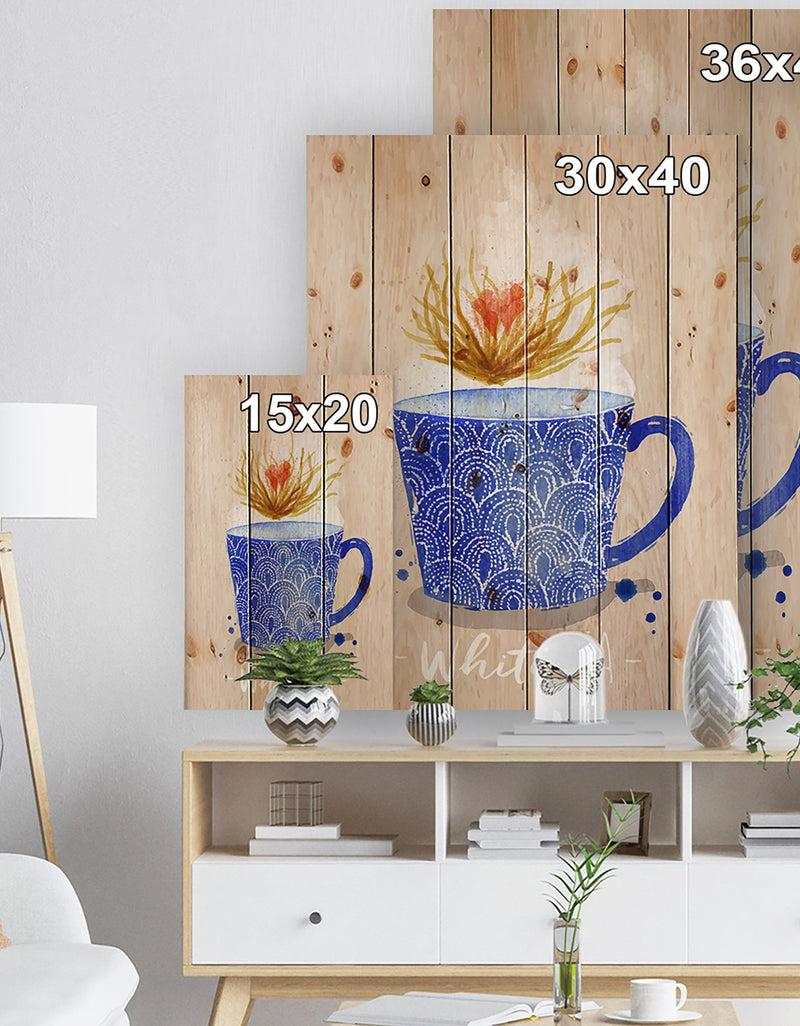 DesignQ Teacup White Tea Kraft - Food Painting Print On Natural Pine Wood