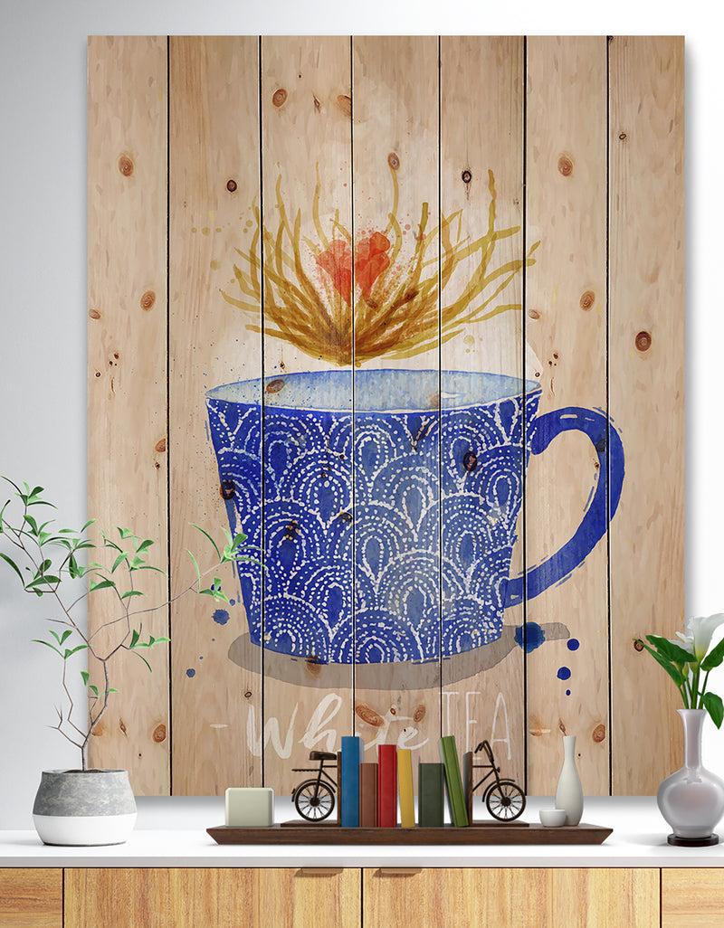 DesignQ Teacup white tea kraft - Food Painting Print on Natural Pine Wood