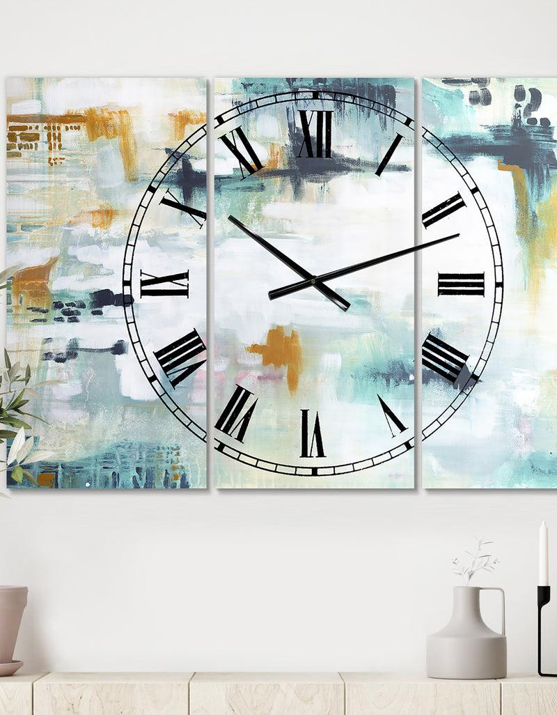 DesignQ Teal And White Composition - Oversized Modern Wall Clock - 3 Panels