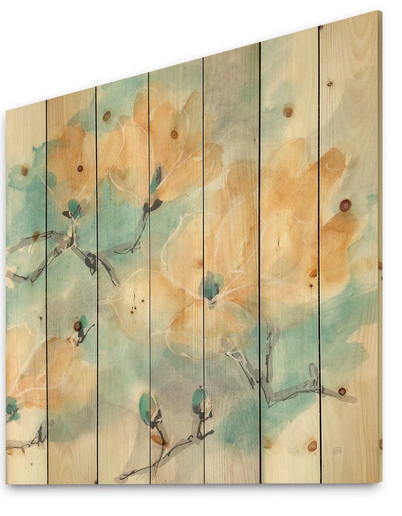 DesignQ Teal Buds I - Cabin & Lodge Print On Natural Pine Wood