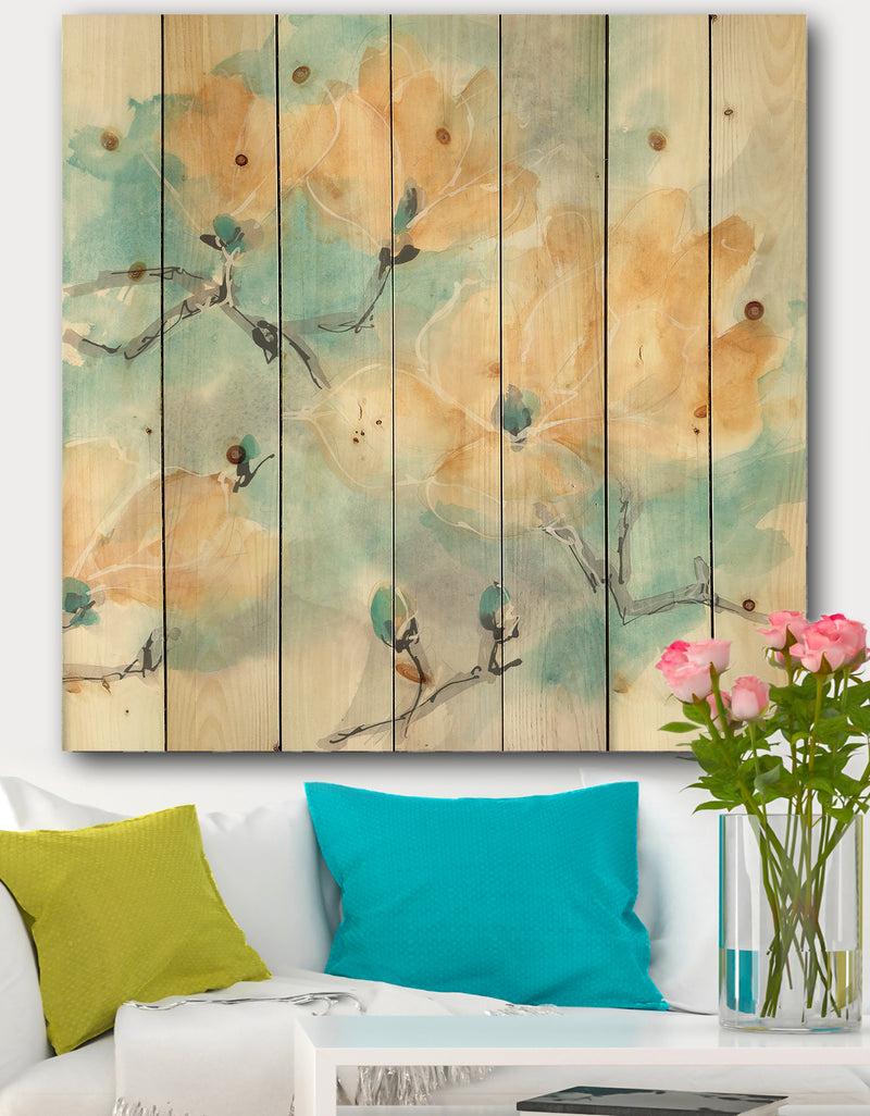 DesignQ Teal Buds I - Cabin & Lodge Print on Natural Pine Wood