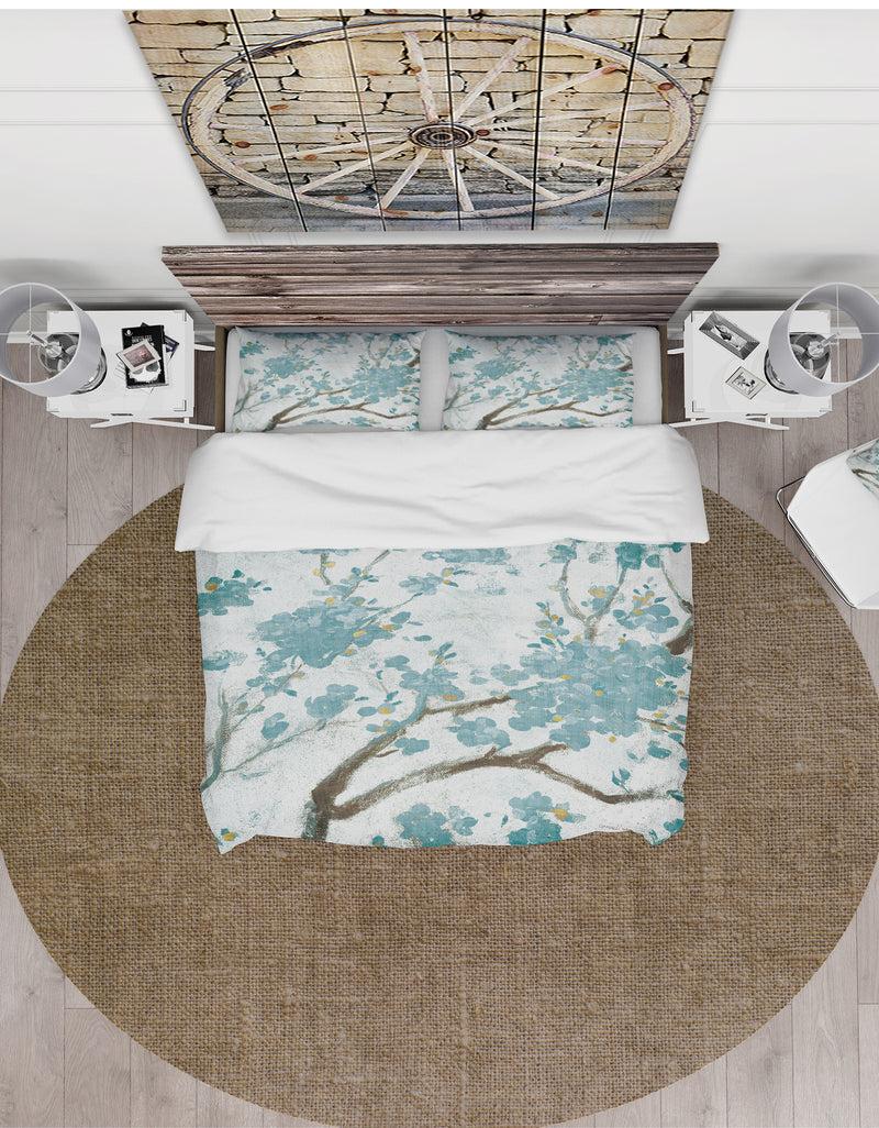 DesignQ Teal Cherry Blossoms I - Farmhouse Duvet Cover Set