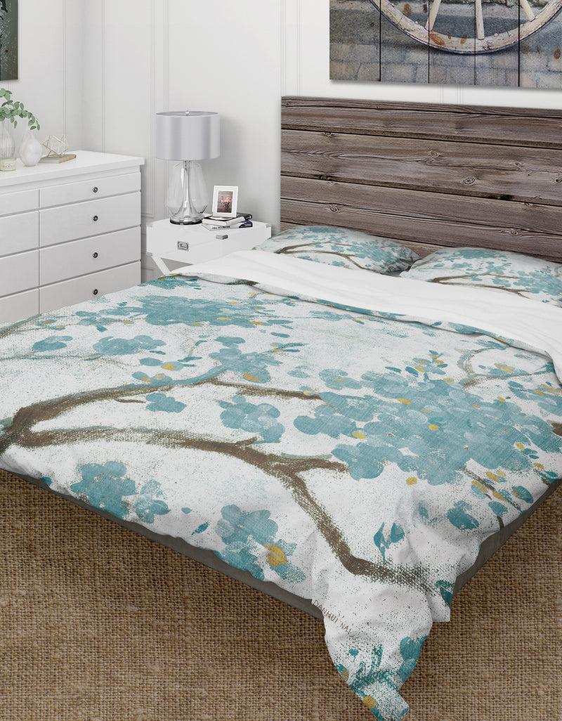 DesignQ Teal Cherry Blossoms I - Farmhouse Duvet Cover Set