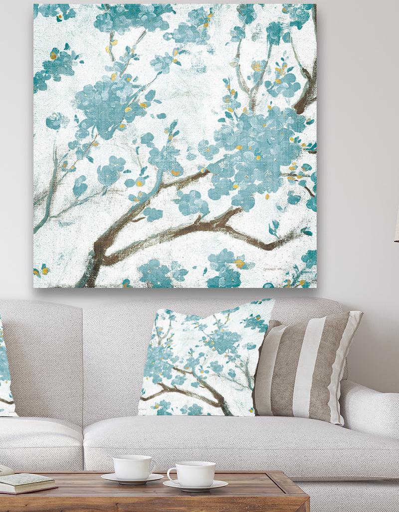 DesignQ Teal Cherry Blossoms I - Traditional Floral Canvas Artwork