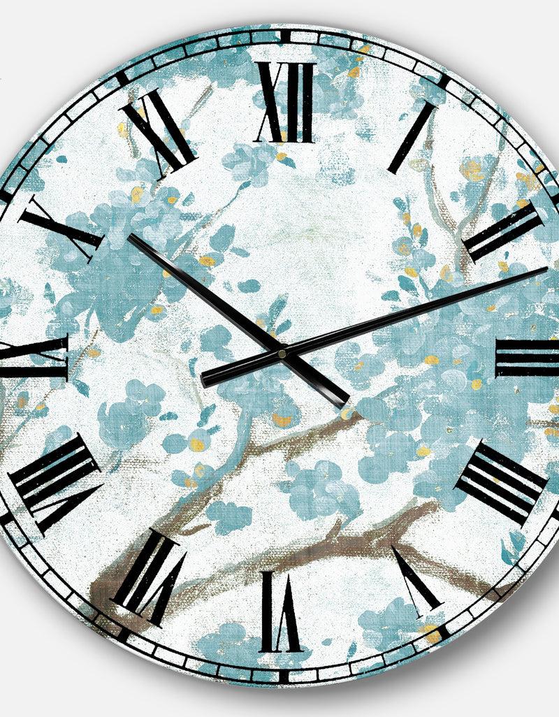 DesignQ Teal Cherry Blossoms I - Traditional Floral Large Wall CLock