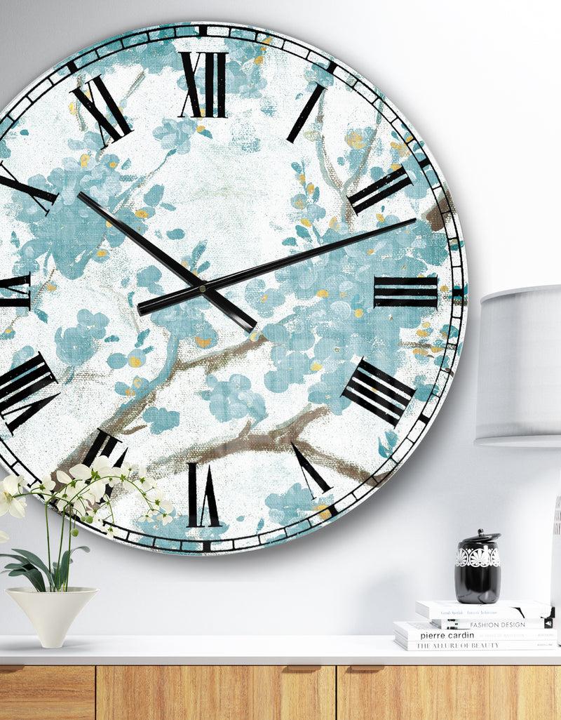 DesignQ Teal Cherry Blossoms I - Traditional Floral Large Wall CLock
