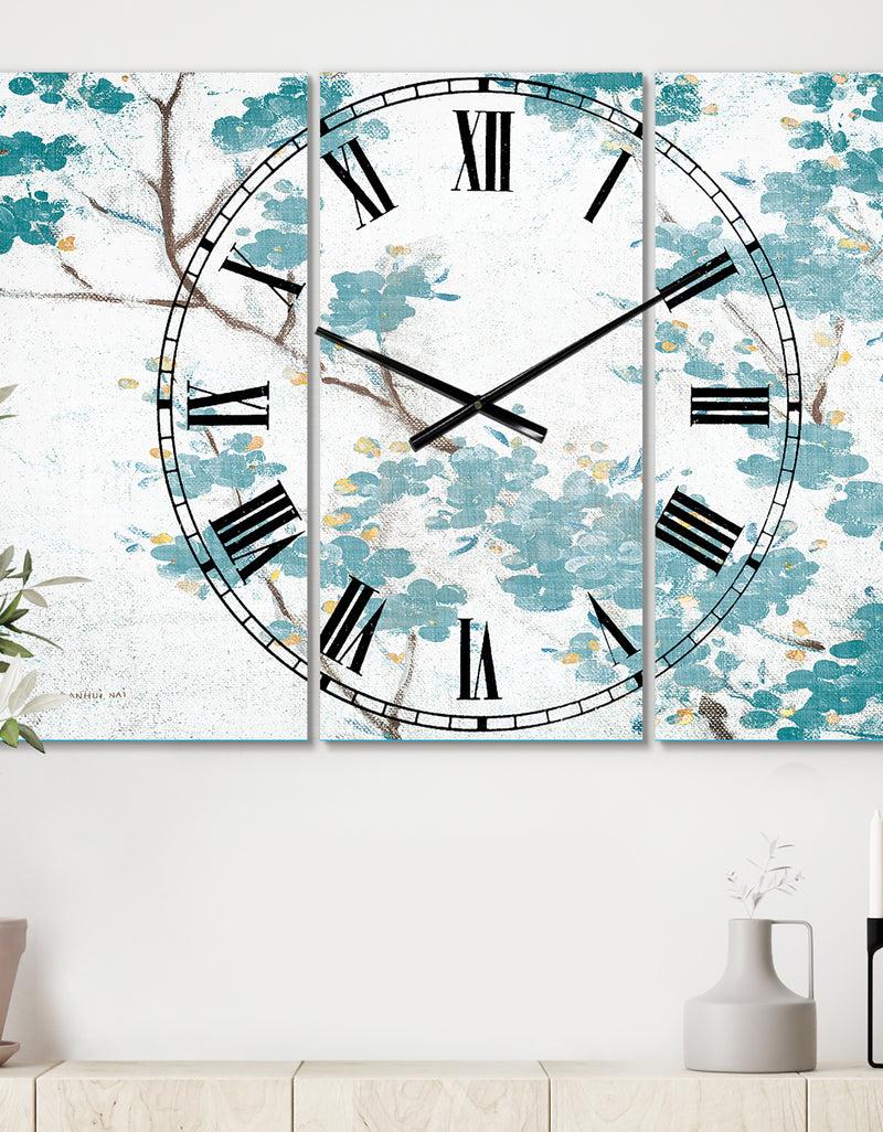 DesignQ Teal Cherry Blossoms II - Cottage 3 Panels Oversized Wall CLock