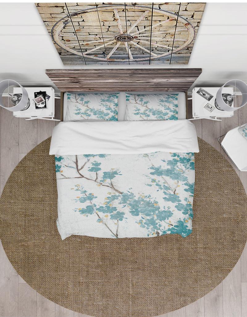 DesignQ Teal Cherry Blossoms II - Farmhouse Duvet Cover Set