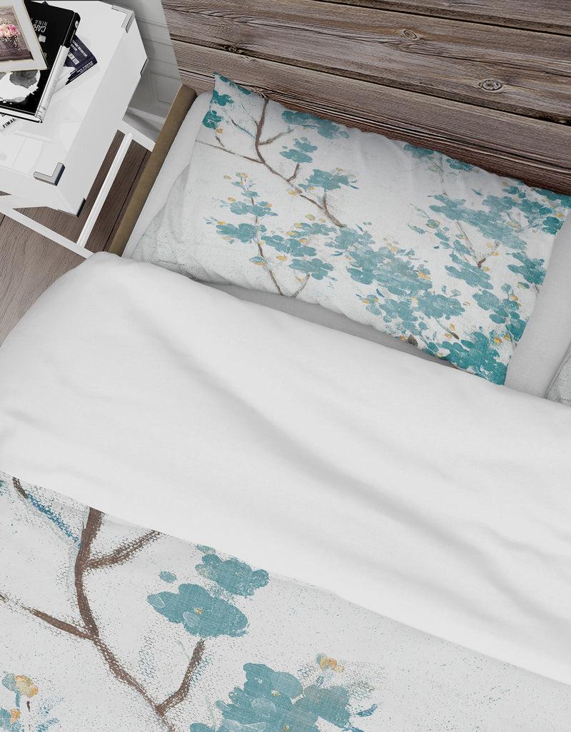 DesignQ Teal Cherry Blossoms II - Farmhouse Duvet Cover Set