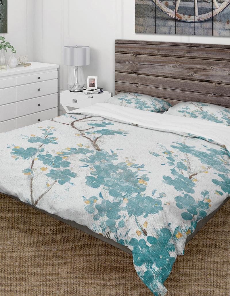 DesignQ Teal Cherry Blossoms II - Farmhouse Duvet Cover Set