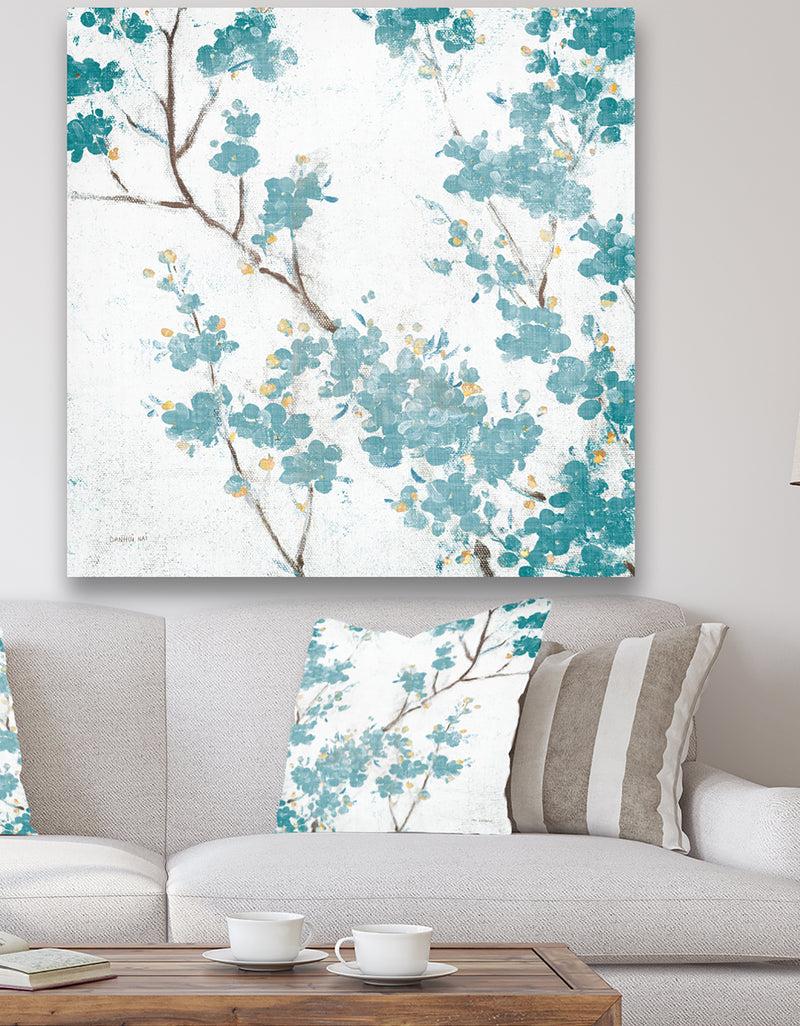 DesignQ Teal Cherry Blossoms II - Traditional Floral Canvas Art