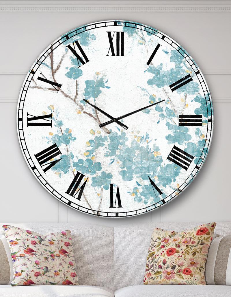 DesignQ Teal Cherry Blossoms II - Traditional Floral Large Wall CLock