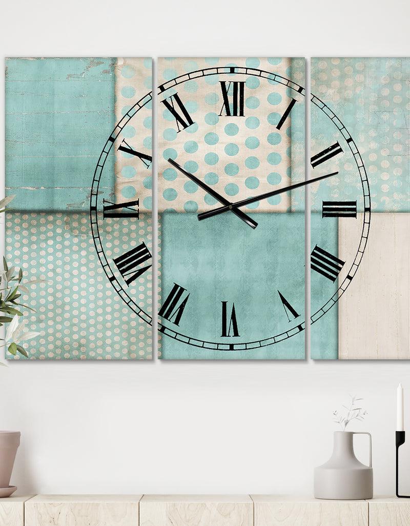DesignQ Teal Print Collage - Large Mid-Century Wall Clock - 3 Panels