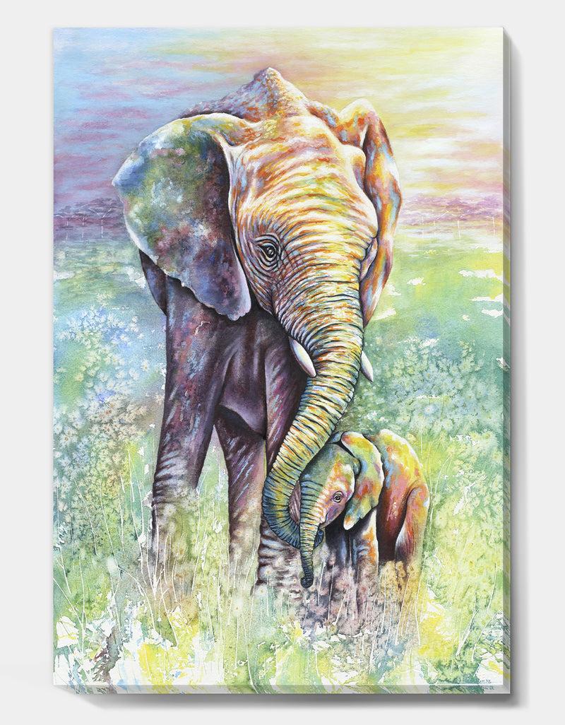 DesignQ The Curated Nomad 'Mother And Baby Elephant Rainbow Colors - Cottage Canvas Wall Art