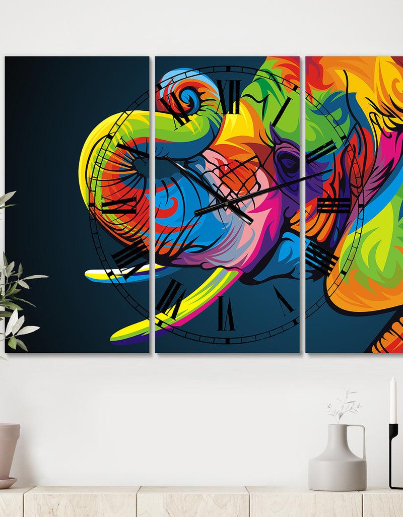 DesignQ The Happy Rainbow Elephant - Large Modern Wall Clock - 3 Panels