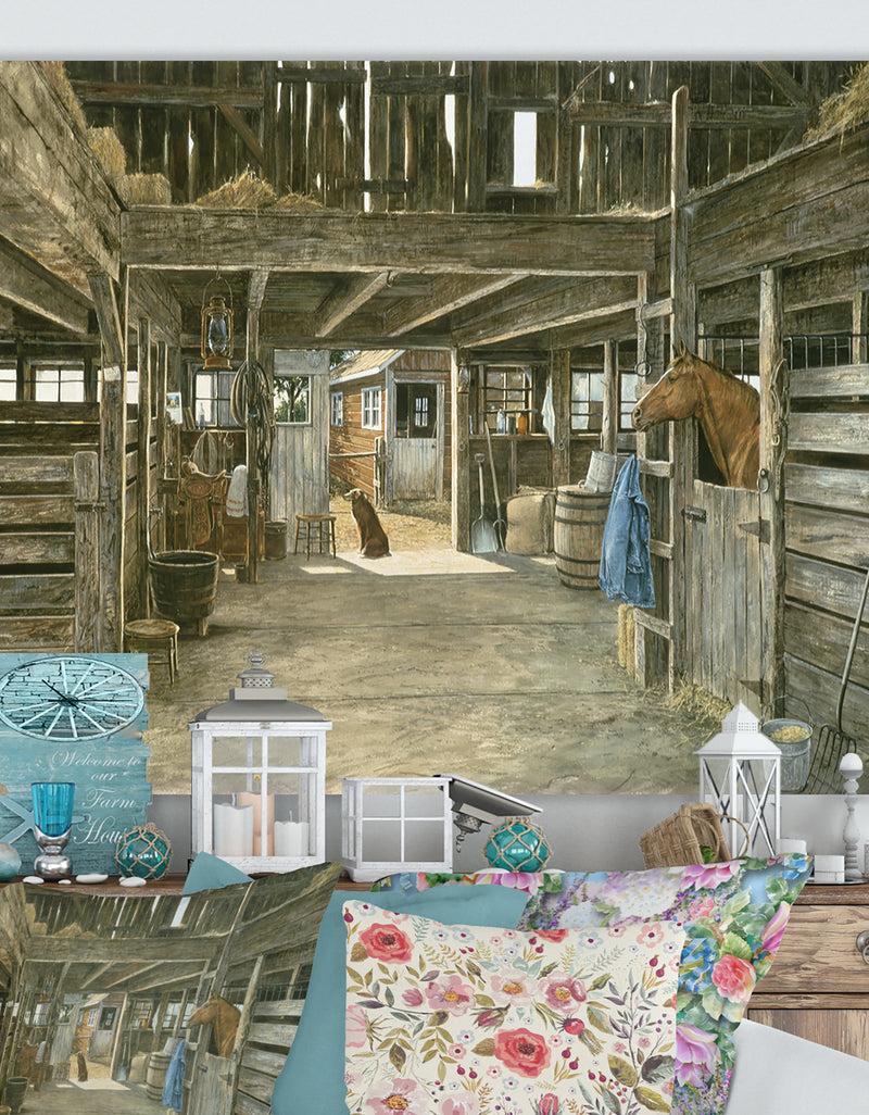DesignQ The Horse In The Barn And Dog In Doorway - Farmhouse Premium Canvas Wall Art
