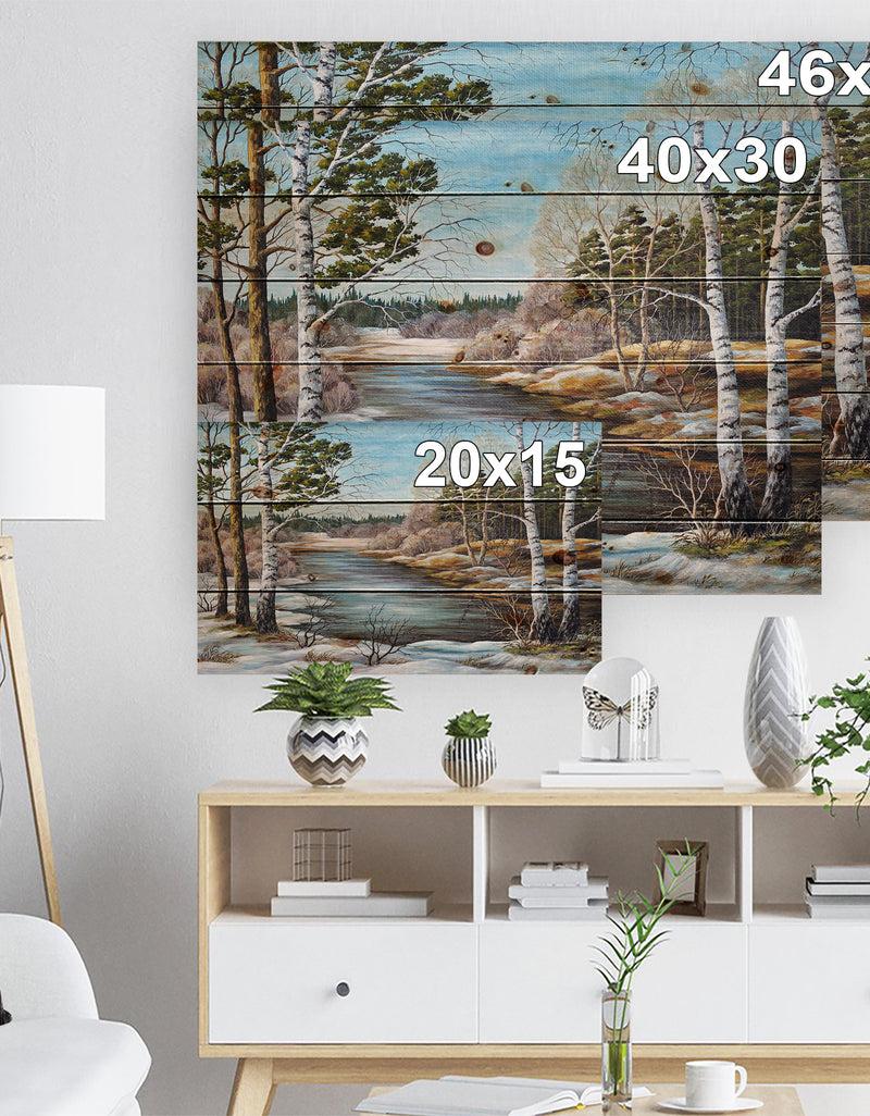 DesignQ The Spring Siberian River - Landscape Print On Natural Pine Wood