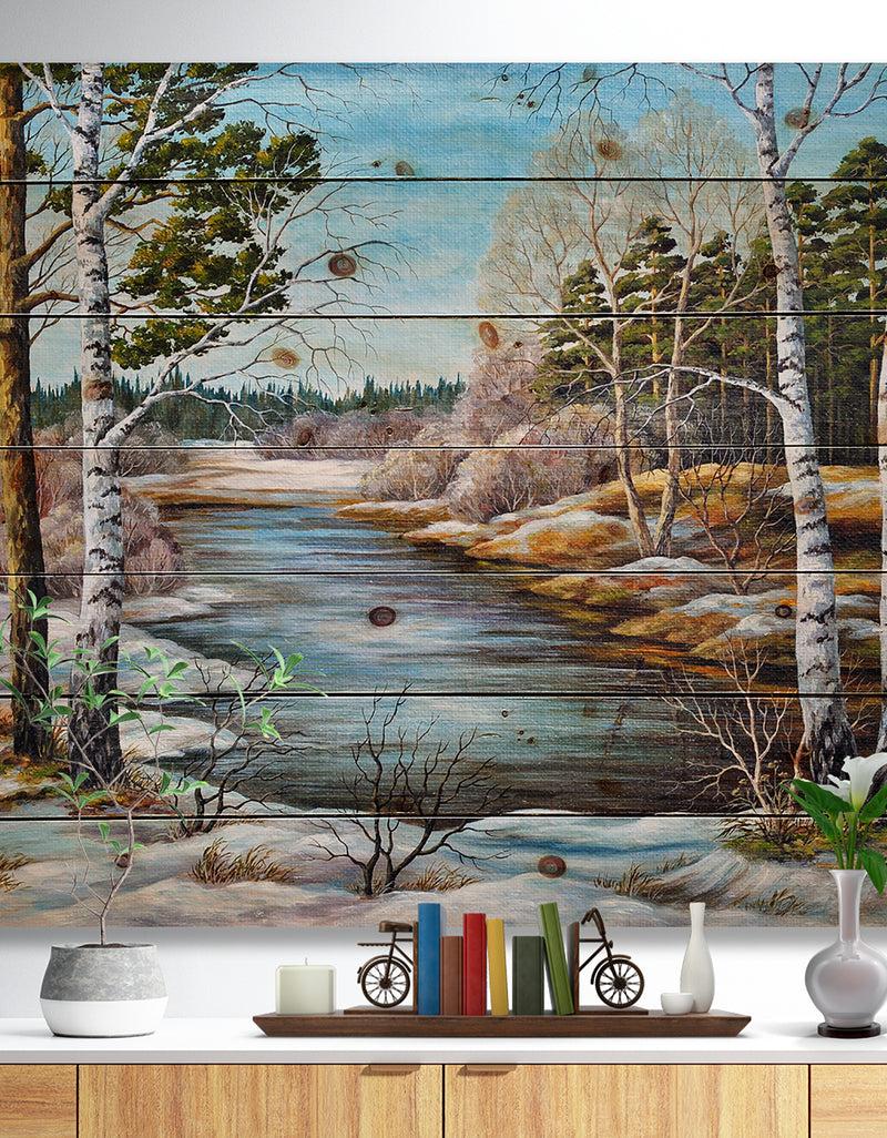 DesignQ The spring Siberian River - Landscape Print on Natural Pine Wood
