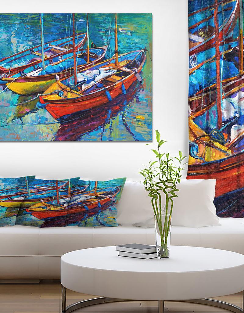 DesignQ Three Fishing Boat Oil Painting - Sea & Shore Painting Print on Wrapped Canvas