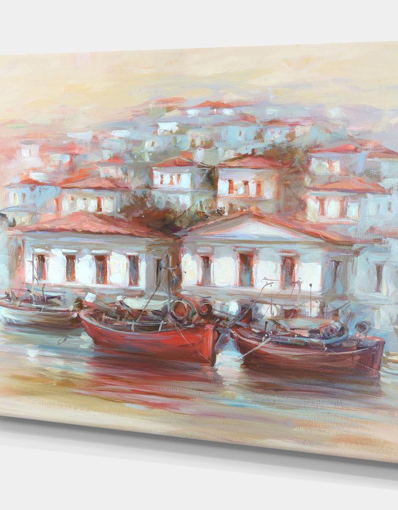DesignQ Three Fishing Boats On The Island Harbor - Nautical Painting Print On Wrapped Canvas