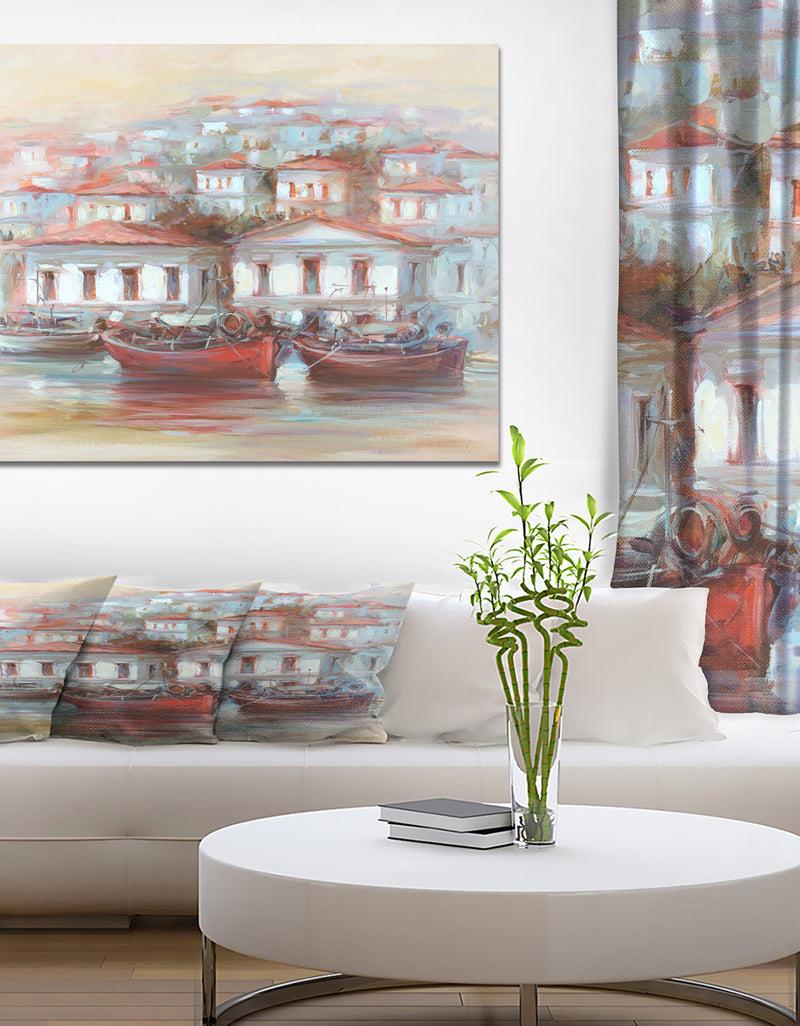 DesignQ Three Fishing Boats on the island Harbor - Nautical Painting Print on Wrapped Canvas
