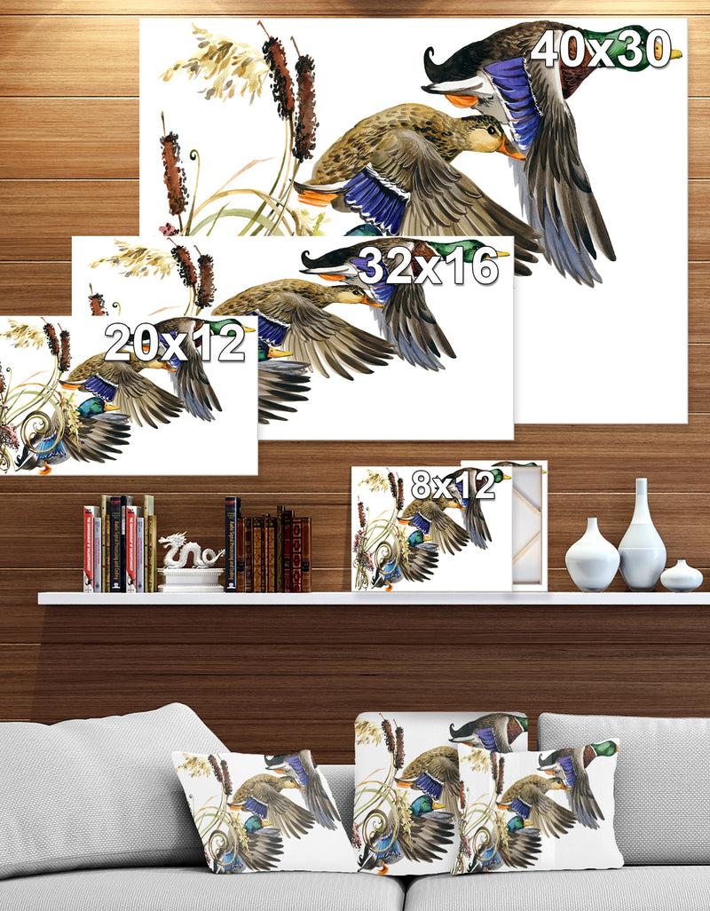 DesignQ Three Flying Ducks In Colored Illustration - Farmhouse Animal Painting Print On Wrapped Canvas