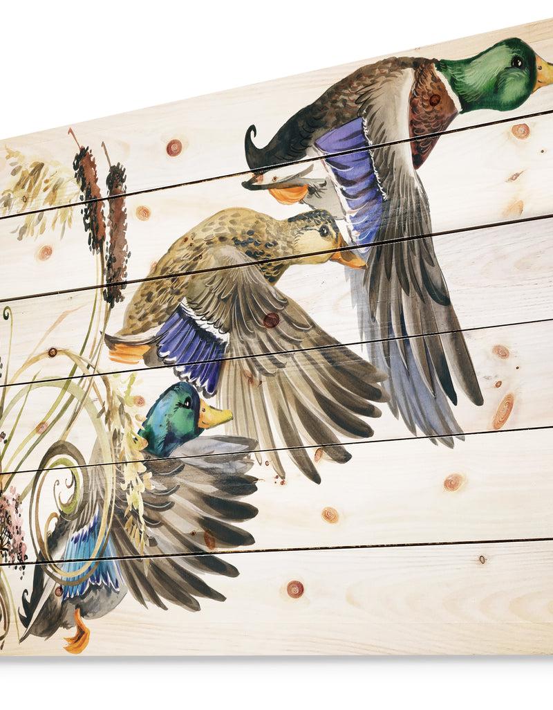 DesignQ Three Flying Ducks In Colored Illustration - Farmhouse Animal Painting Print On Natural Pine Wood