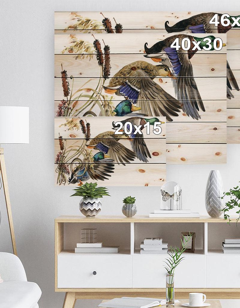 DesignQ Three Flying Ducks In Colored Illustration - Farmhouse Animal Painting Print On Natural Pine Wood