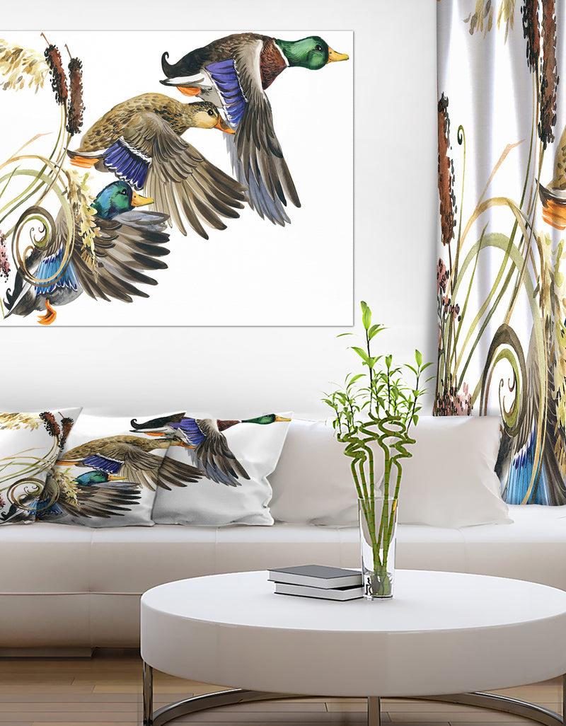 DesignQ Three Flying Ducks In Colored Illustration - Farmhouse Animal Painting Print On Wrapped Canvas
