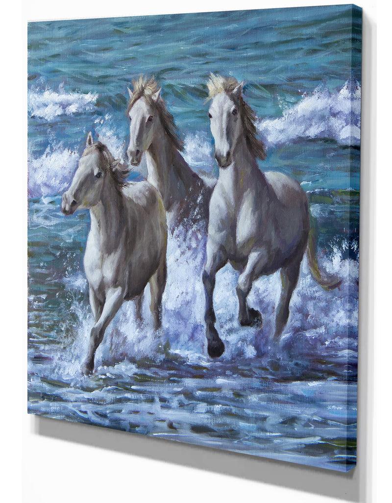 DesignQ Three Horses Running In Seaside - Farmhouse Animal Painting Print On Wrapped Canvas