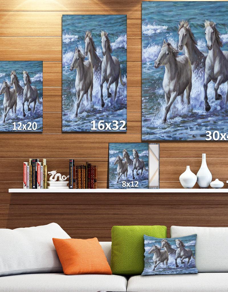 DesignQ Three Horses Running In Seaside - Farmhouse Animal Painting Print On Wrapped Canvas