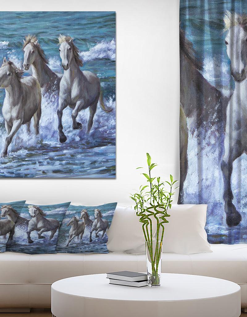 DesignQ Three Horses Running in Seaside - Farmhouse Animal Painting Print on Wrapped Canvas