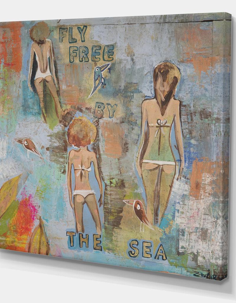 DesignQ Three Nymphs Fly Free By The Sea - Nautical & Coastal Gallery-wrapped Canvas