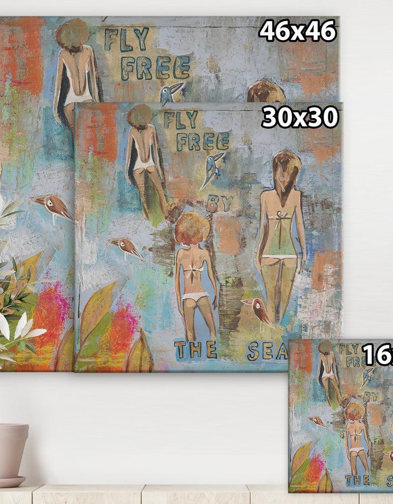 DesignQ Three Nymphs Fly Free By The Sea - Nautical & Coastal Gallery-wrapped Canvas