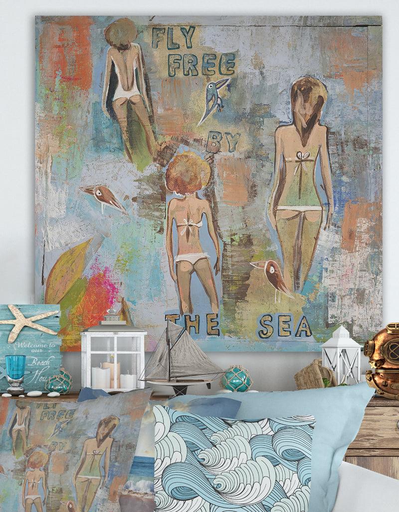 DesignQ Three Nymphs Fly Free By The Sea - Nautical & Coastal Gallery-wrapped Canvas