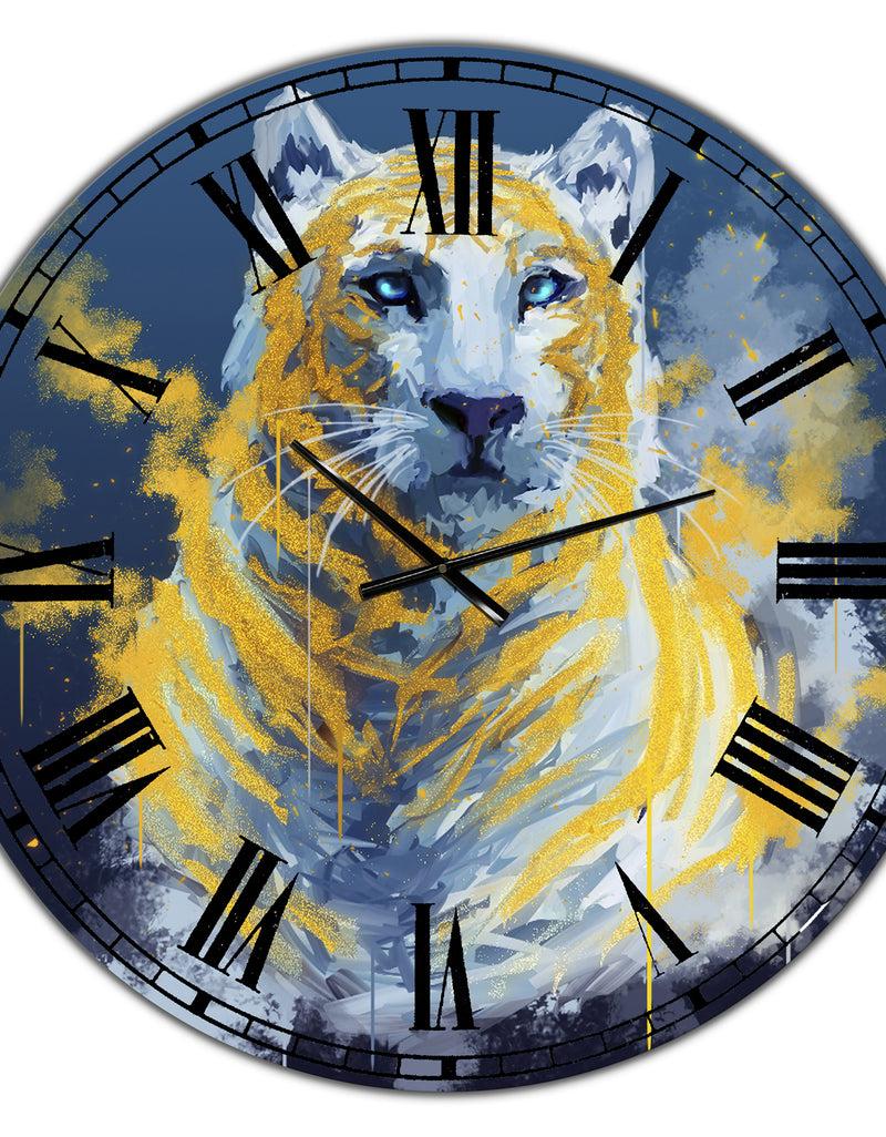 DesignQ Tiger Spirit In Blue And Gold - Oversized Fashion Wall Clock