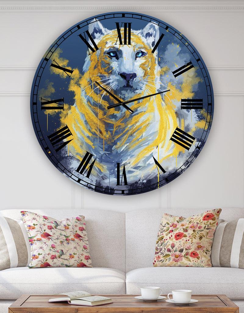 DesignQ Tiger Spirit In Blue And Gold - Oversized Fashion Wall Clock