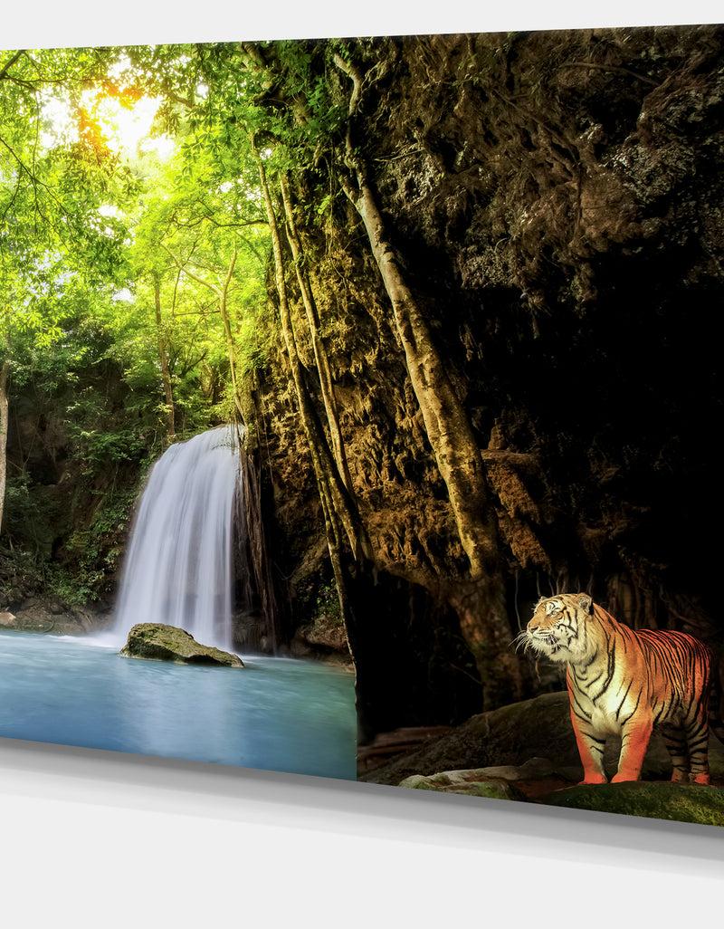 DesignQ Tiger Watching Waterfall - Landscape Photography Canvas Print