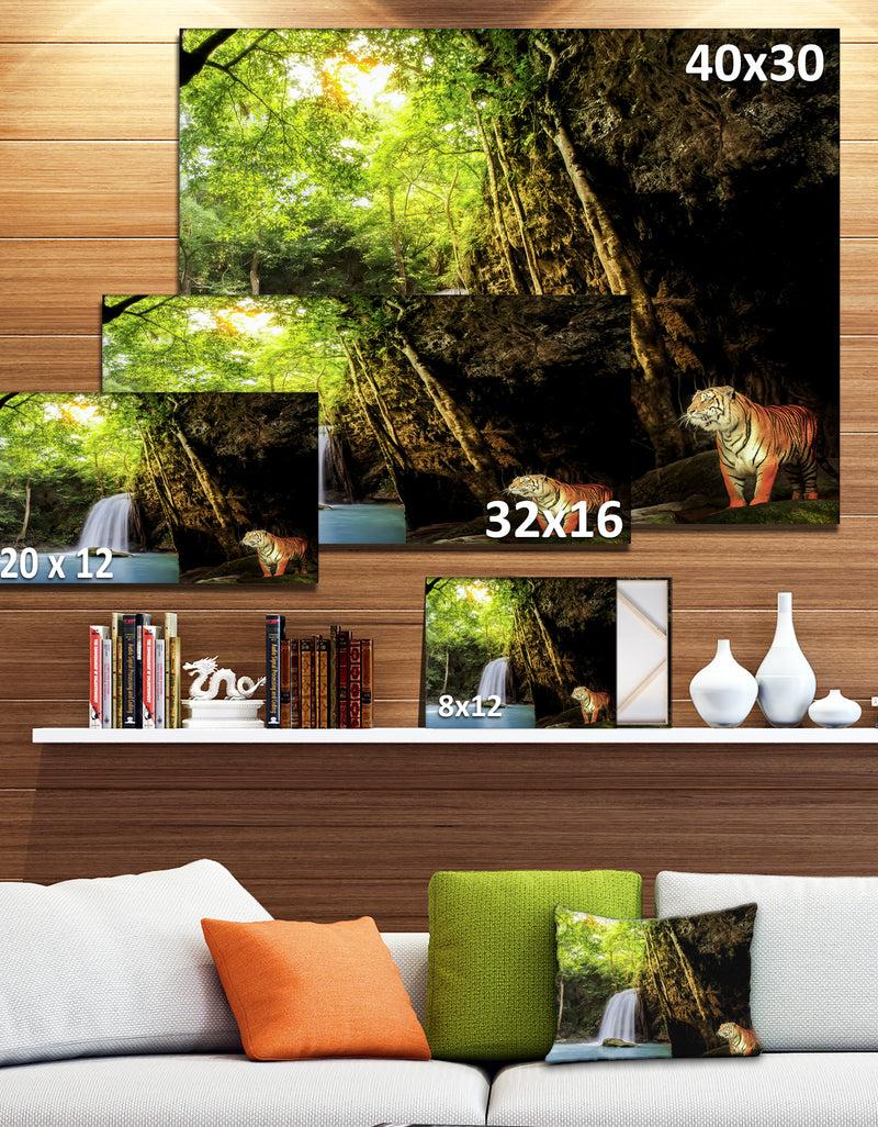 DesignQ Tiger Watching Waterfall - Landscape Photography Canvas Print