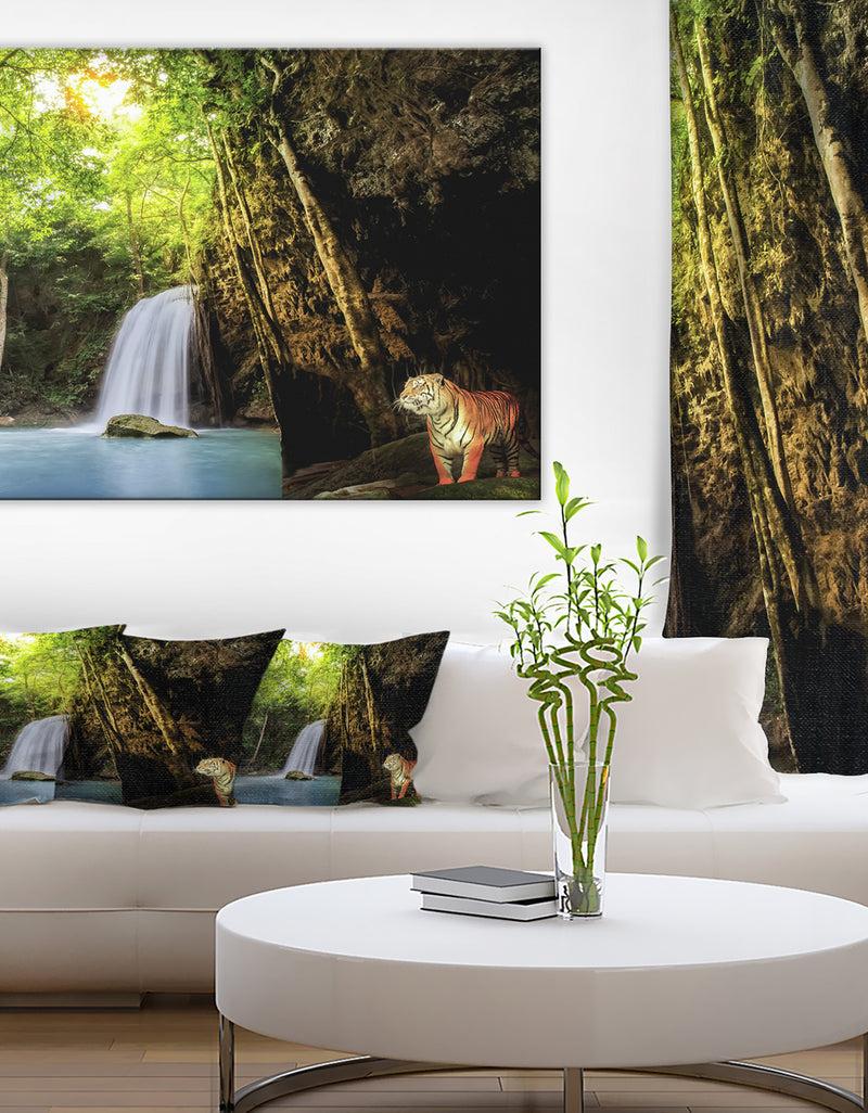 DesignQ Tiger Watching Waterfall - Landscape Photography Canvas Print