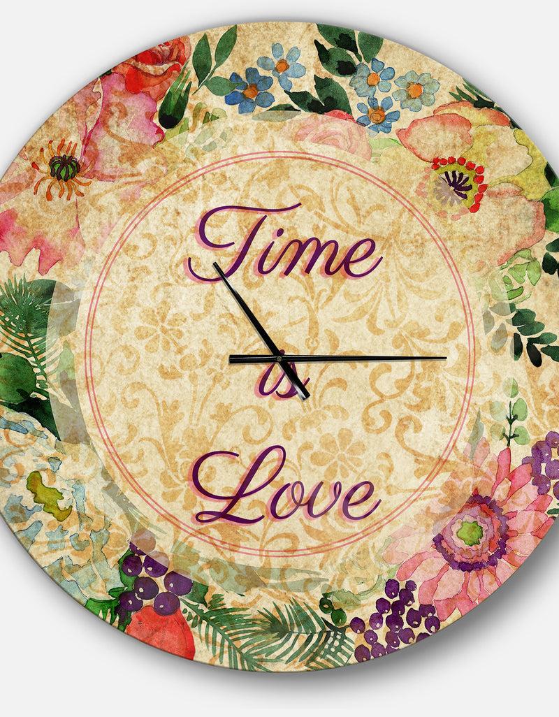 DesignQ Time Is Love Pink Floral - Oversized Quote Wall CLock