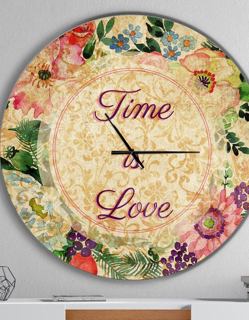 DesignQ Time is Love Pink Floral - Oversized Quote Wall CLock