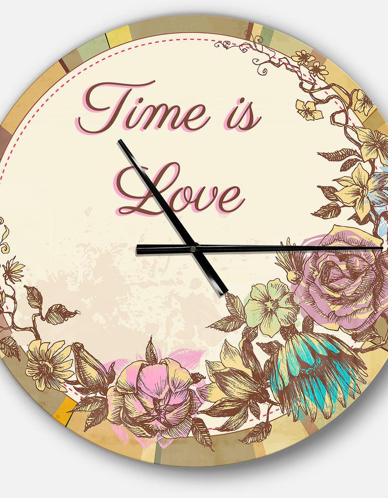 DesignQ Time Is Love Vintage Flower Wreath - Oversized Quote Wall CLock