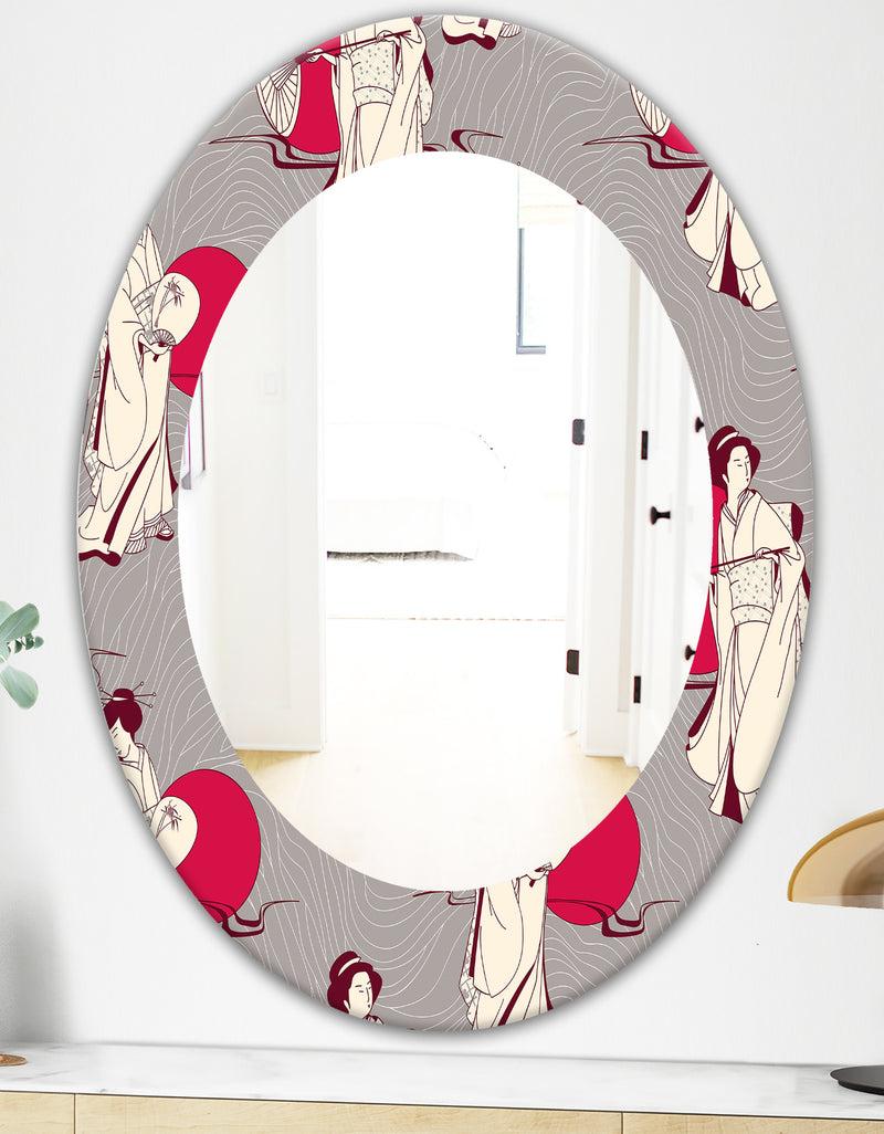 DesignQ Traditional Japanese Geisha - Bohemian And Eclectic Mirror - Oval Or Round Wall Mirror