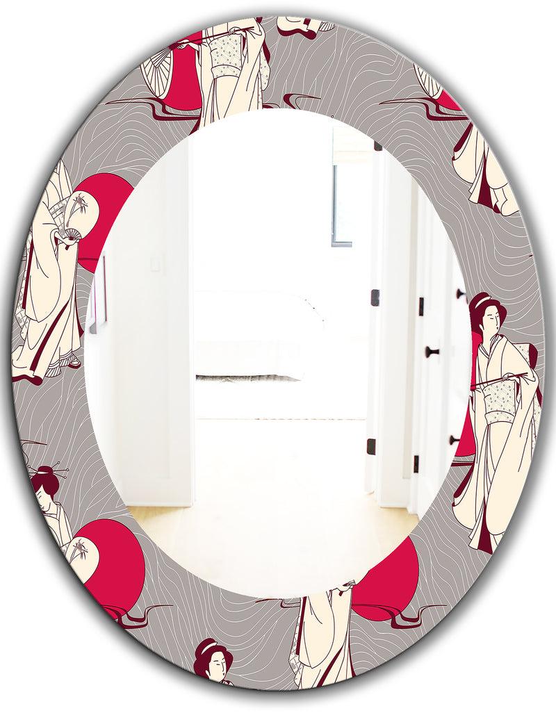 DesignQ Traditional Japanese Geisha - Bohemian And Eclectic Mirror - Oval Or Round Wall Mirror