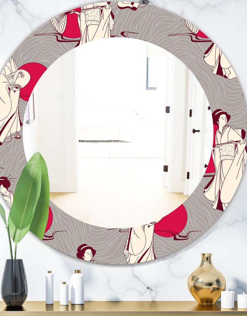 DesignQ Traditional Japanese Geisha - Bohemian and Eclectic Mirror - Oval or Round Wall Mirror